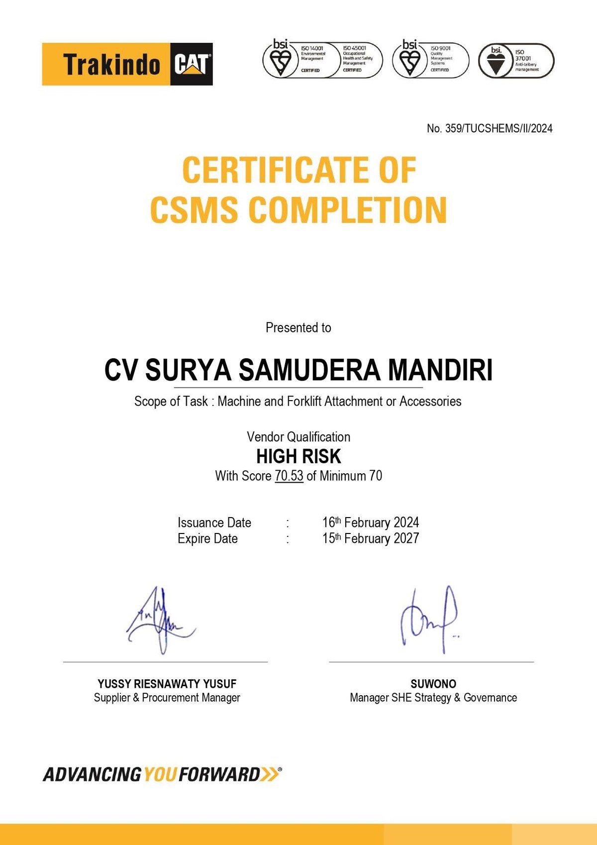 Certificate of CSMS Completion – Trakindo
